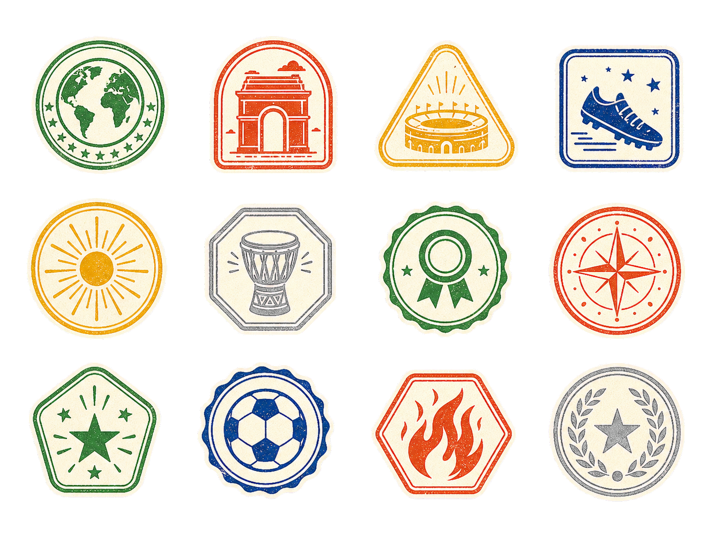 A collection of twelve Passport Club achievement stamps
